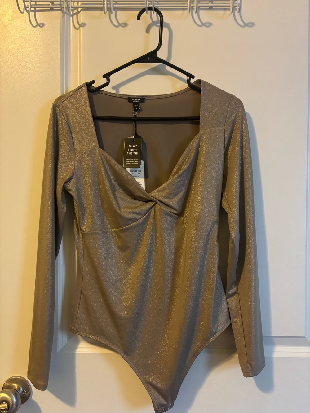 Express Shimmery Olive Green Long-Sleeve Twist Front Bodysuit